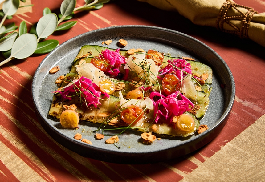 Карпаччо из обжаренных кабачков с гурийской капустой