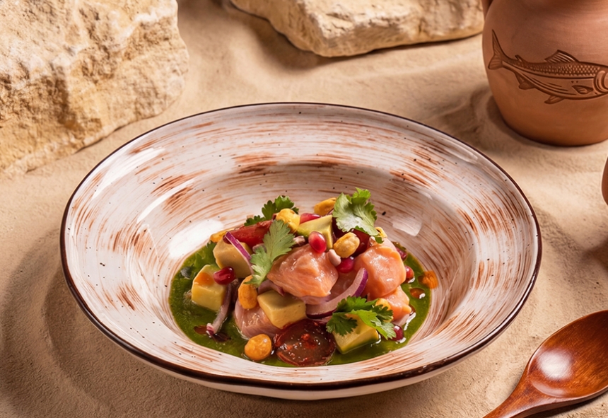 Севиче из форели с соусом киндзмари и хрустящей кукурузой