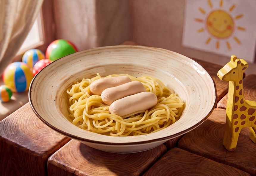 Куриные сосиски со спагетти и сливочным маслом
